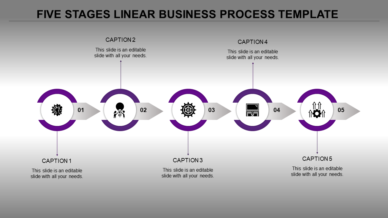 Linear process diagram with five purple rimmed circular elements, featuring arrows and icons on a gradient background.