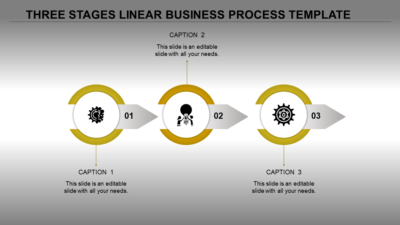 Three step linear business process diagram with yellow circular elements, icons, and captions on a gradient background.