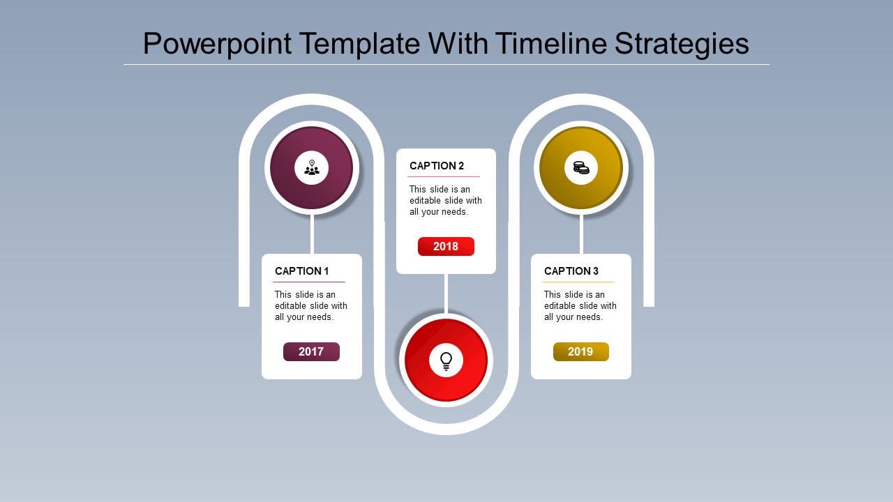 A timeline PPT slide featuring three stages with years 2017 to 2019, accompanied by colorful icons and captions.