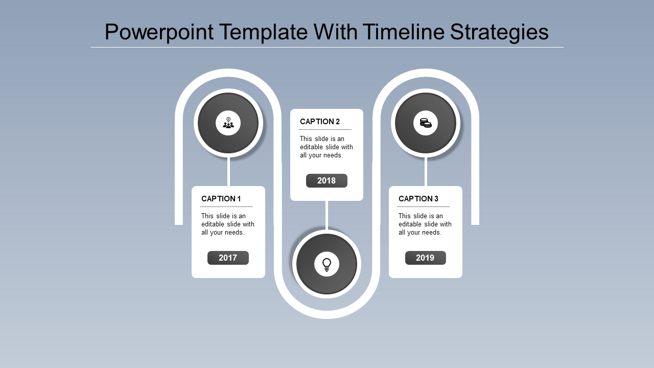 A timeline PPT template showing a strategic flow from 2017 to 2019, with captions and grey color icons for key milestones.