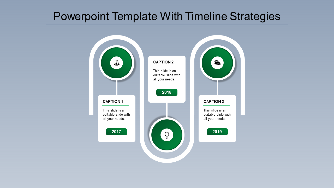 A timeline PPT template showing a strategic flow from 2017 to 2019, with captions and green color icons for key milestones.