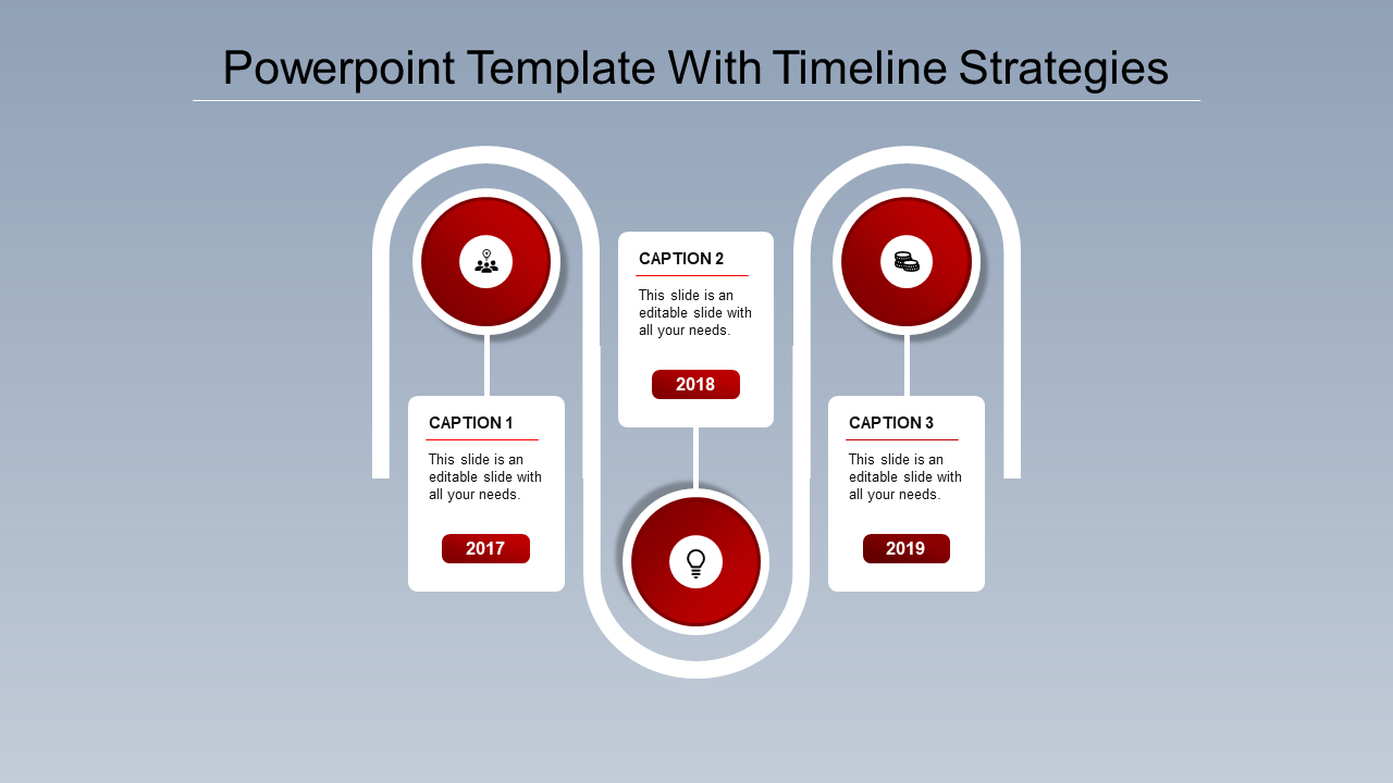 Timeline design with curved connectors, featuring three red circular highlights, and caption boxes spanning 2017 to 2019.
