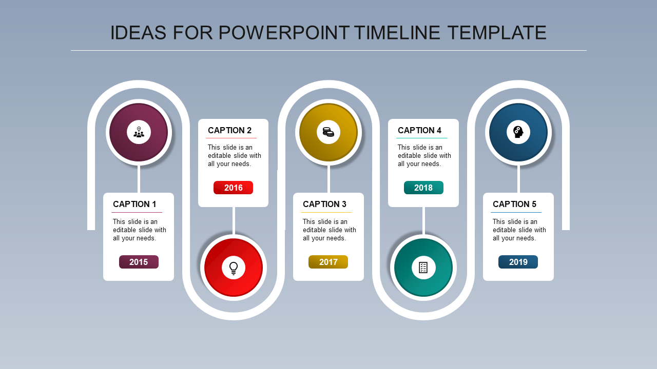 Yellow circular timeline infographic with seven milestones, icons, and corresponding captions from 2013 to 2019.