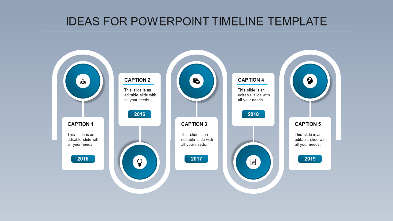 Five step timeline with circular icons in red, gold, green, blue, and maroon linked to captions and years.