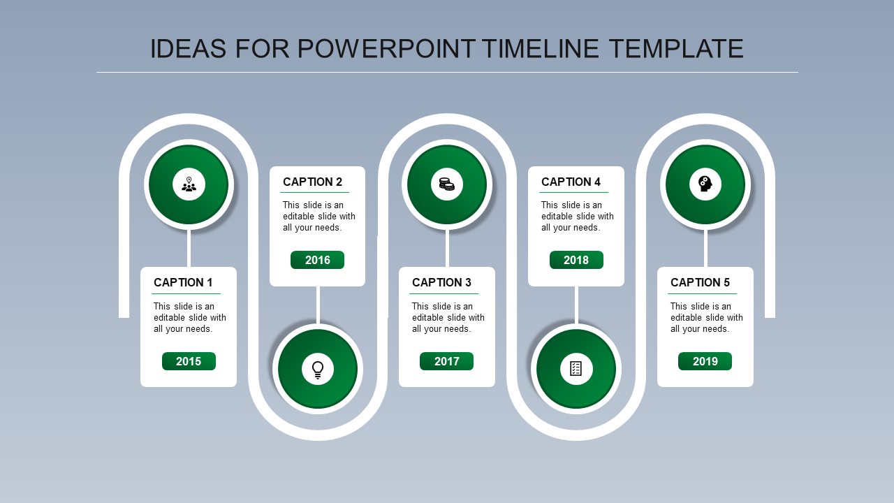 A timeline PPT design slide with five milestones from 2015 to 2019, represented by green circular icons and captions.