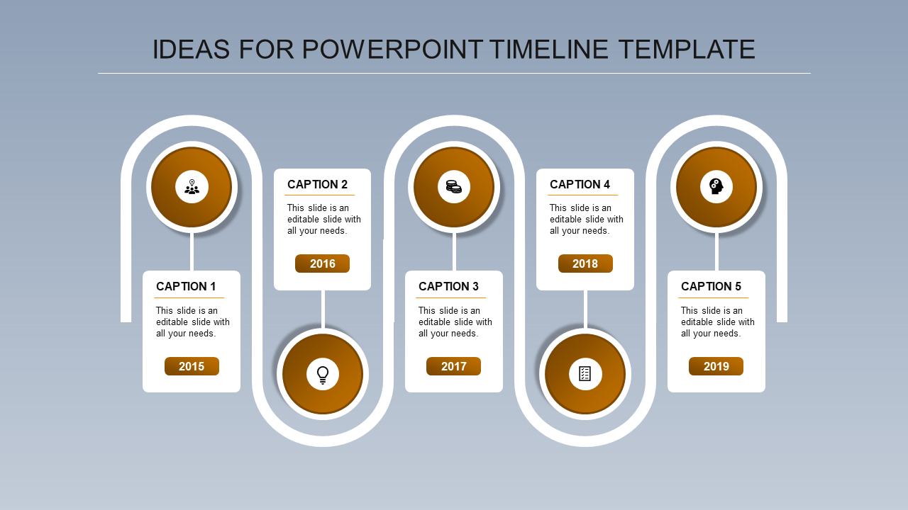 Curved timeline layout with five orange circular icons connected to white rectangular captions on a gradient blue background.