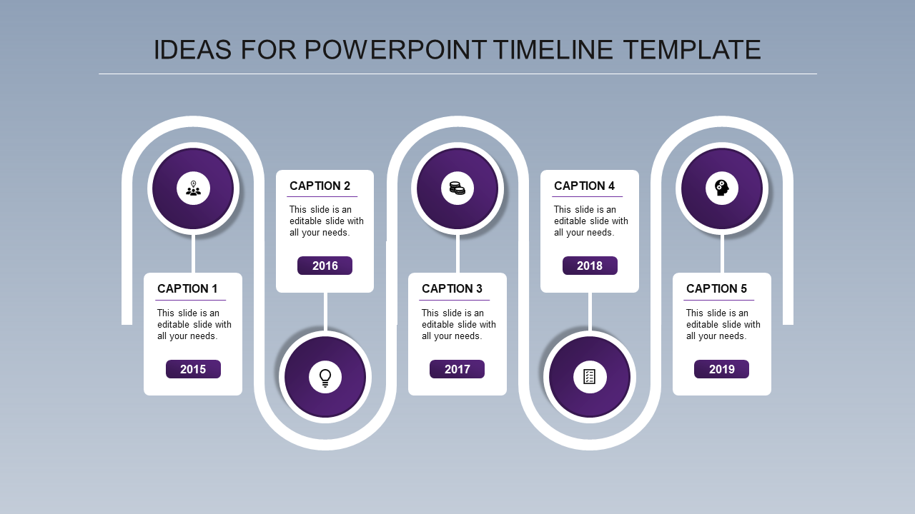 Timeline infographic with purple milestone icons, white caption boxes, and key dates from 2015 to 2019 on a blue background.