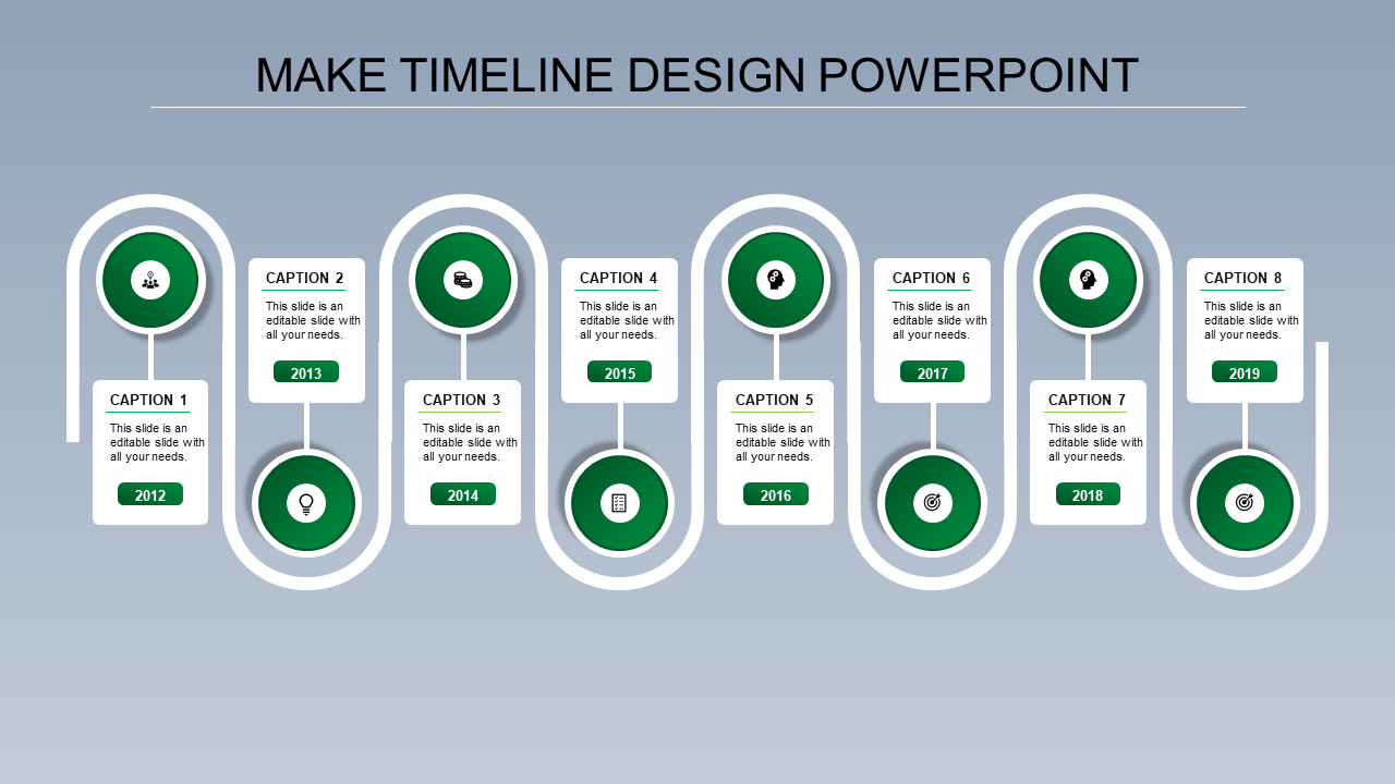A sleek timeline PPT slide featuring eight stages from 2012 to 2019, each with a green circular icon and a caption.