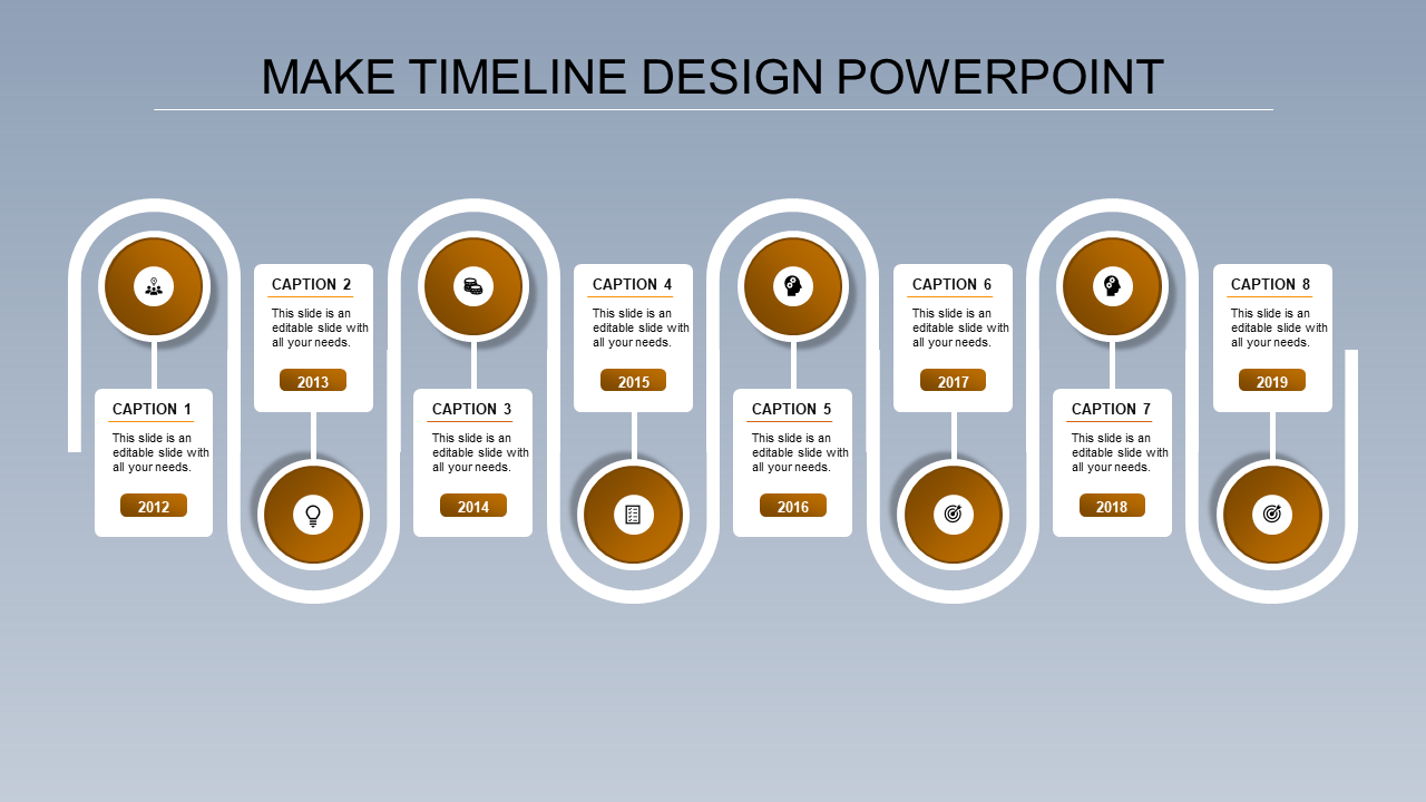 Visually structured timeline with curved paths, eight milestone icons in orange, and white caption boxes for each year.
