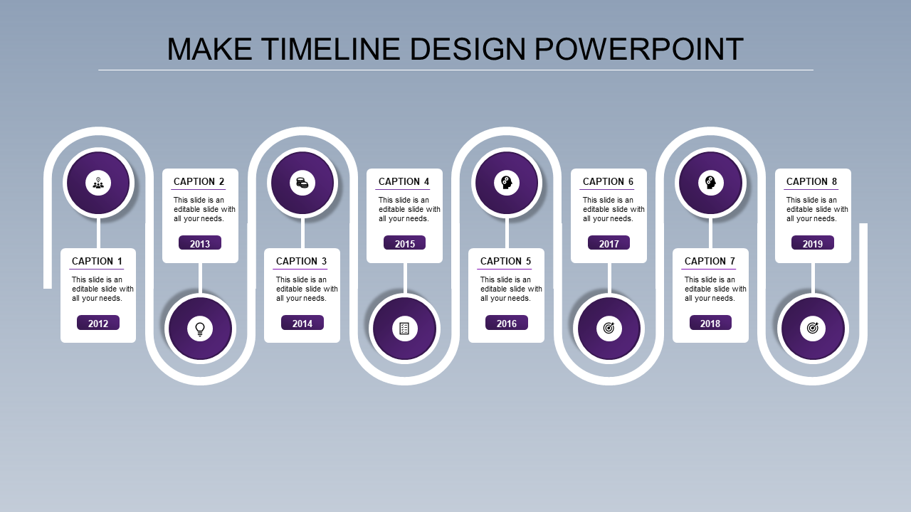 A sleek timeline PPT slide featuring eight stages from 2012 to 2019, each with a purple circular icon and a caption.