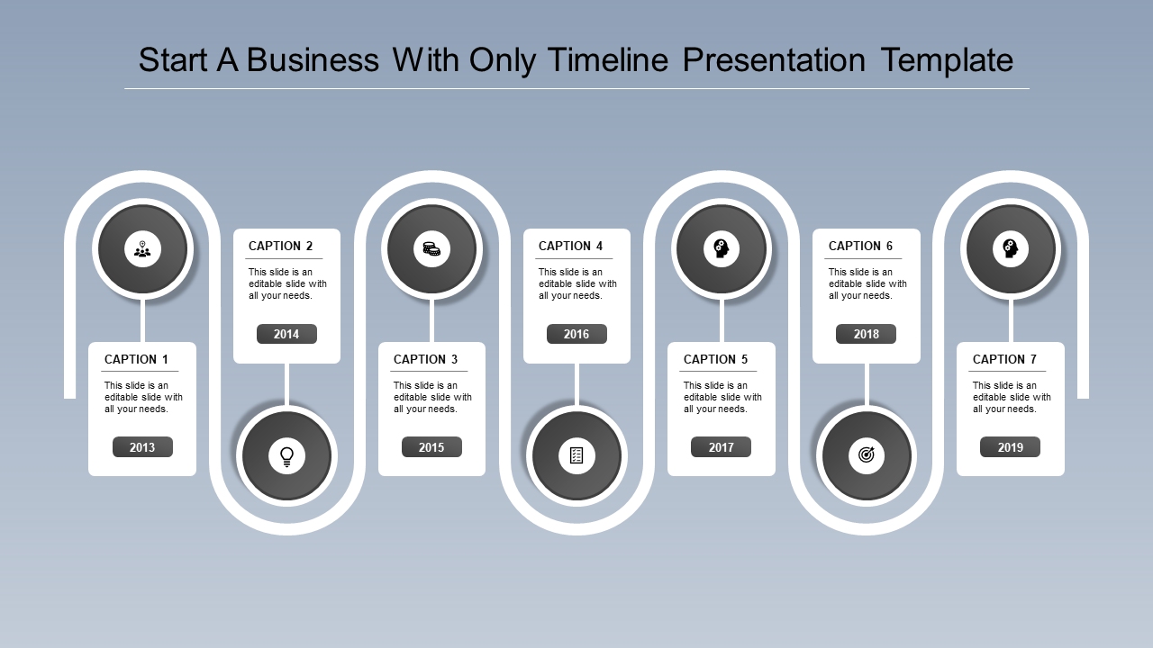 Vertical timeline with curved white paths, gray circular highlights, and event descriptions from 2013 to 2019.