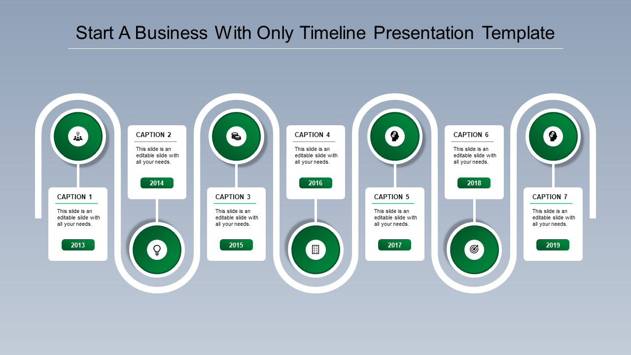 Business timeline with curved design, green milestone icons, and structured captions from 2013 to 2019.