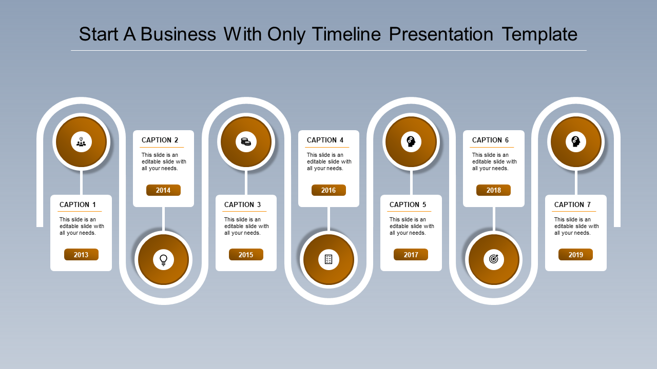 A timeline PPT slide featuring seven stages from 2013 to 2019, each marked by an orange circular icon with captions.