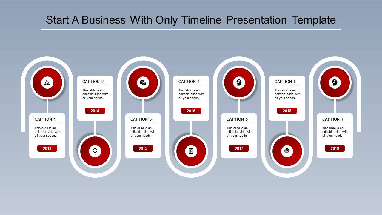 Gray circular timeline slide infographic with eight milestones, icons, and corresponding captions from 2012 to 2019.
