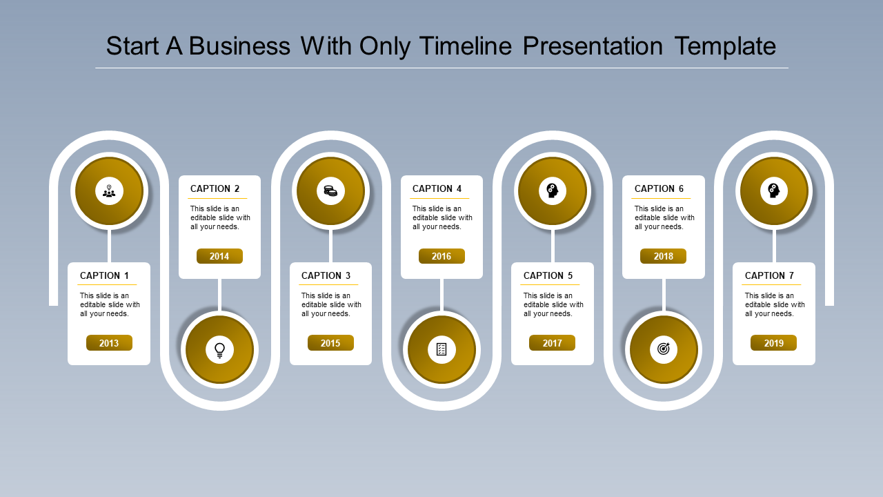 Red circular timeline slide infographic with seven milestones, icons, and corresponding captions from 2013 to 2019.