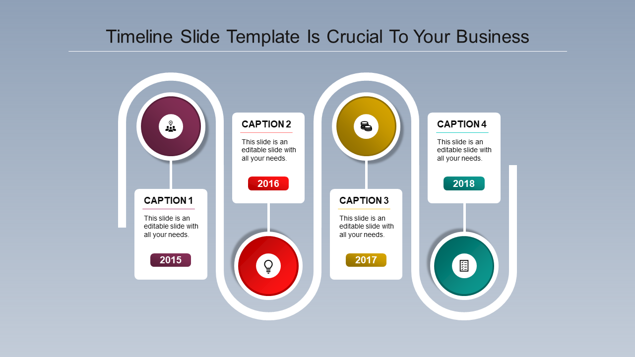 Curved timeline slide with brown, red, yellow and teal milestone icons, white caption boxes, and a blue gradient background.