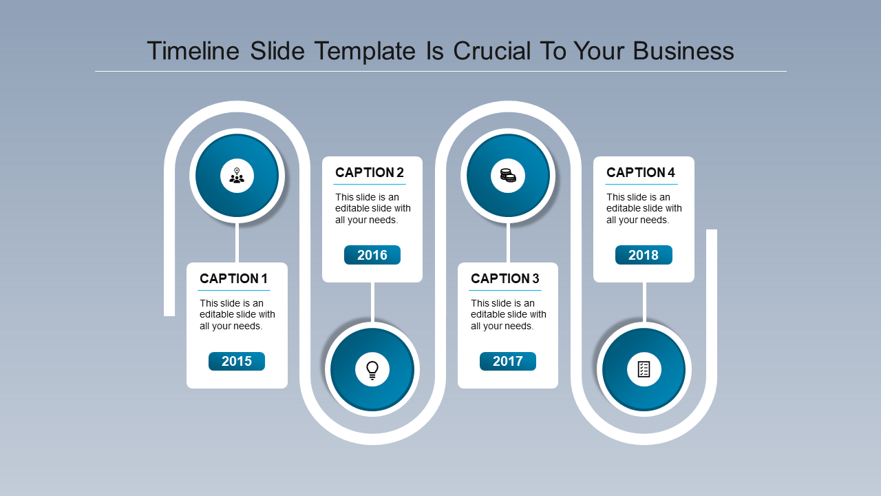 Business timeline with four blue circular markers, curved connectors, and caption boxes spanning 2015 to 2018.