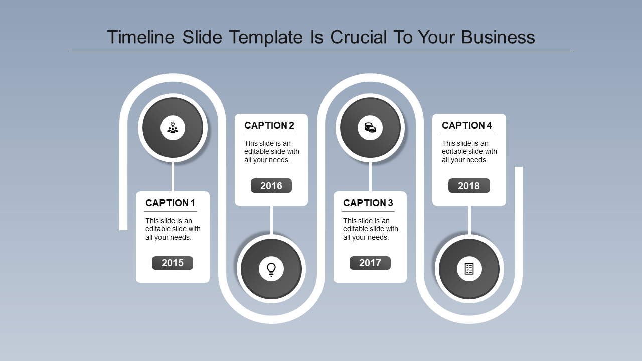 Infographic timeline template with green circular icons for 2015, 2016, 2017, and 2018 connected by curved lines.