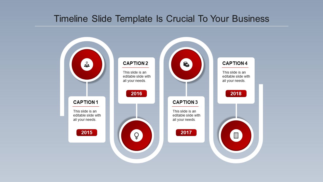 A timeline PowerPoint template with four stages for the years 2015 to 2018, with caption fields and red icons.