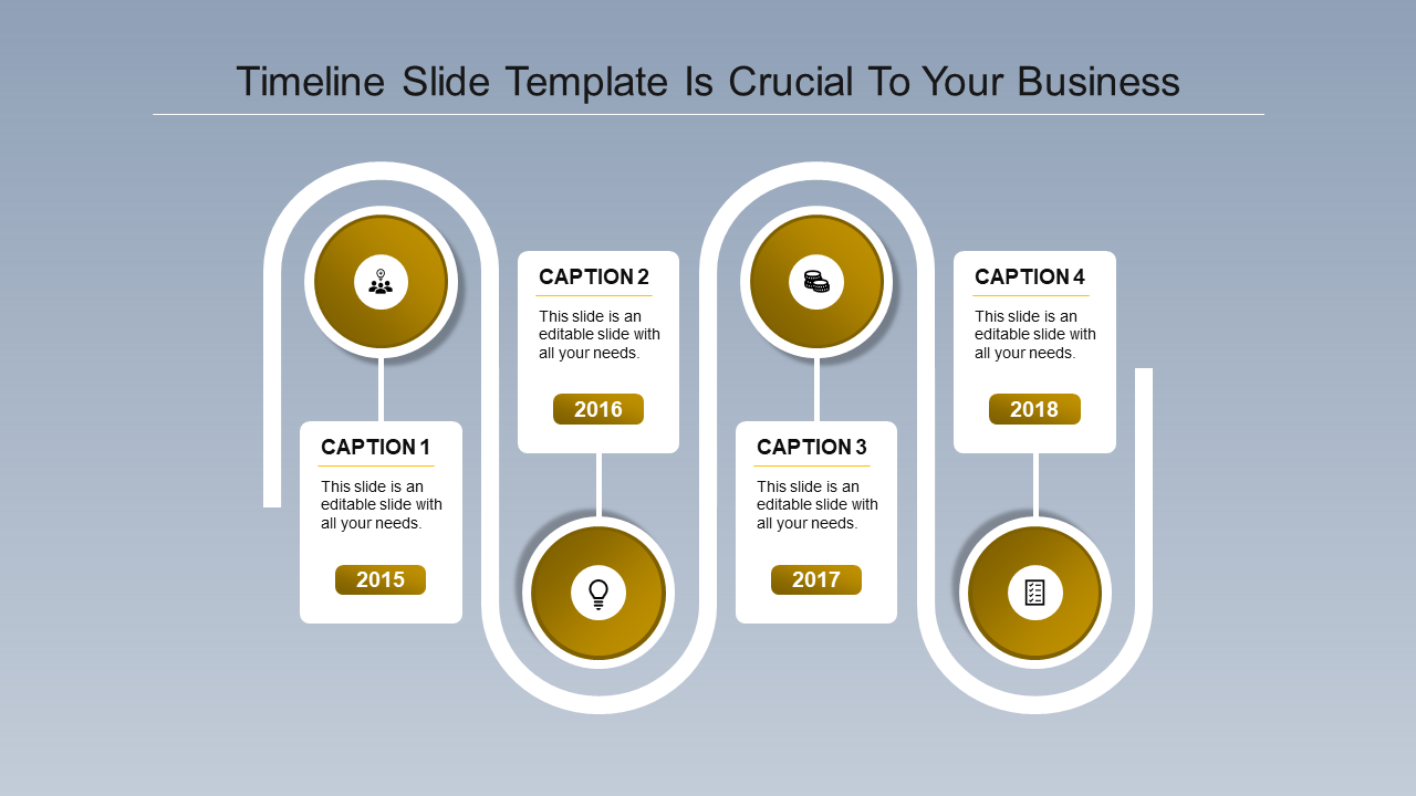 A timeline PowerPoint template with four stages for the years 2015 to 2018, with caption fields and yellow color icons.