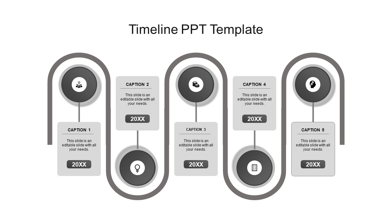 A monochrome timeline PPT template featuring five stages, each represented by gray circular icons with captions.