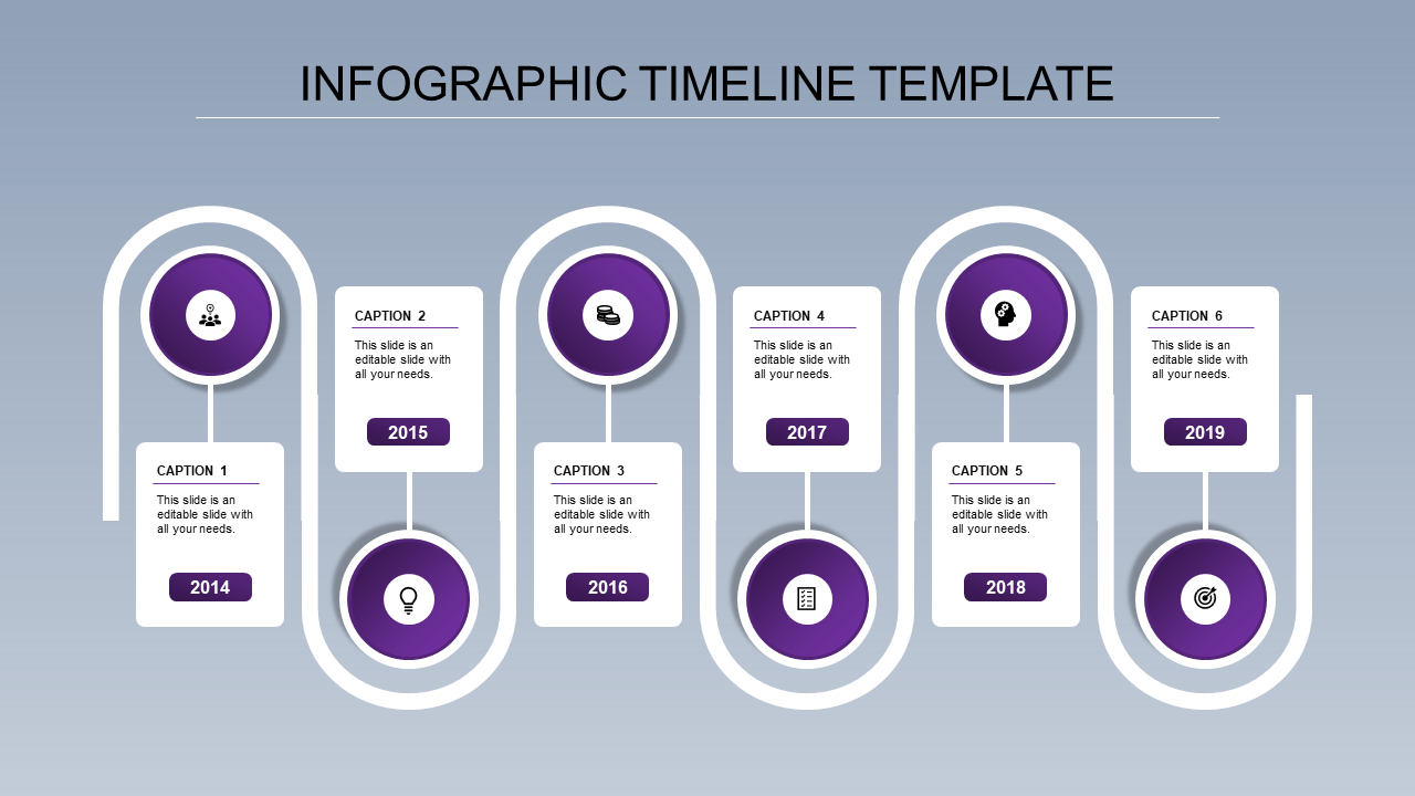 Timeline infographic with curved connectors, featuring six purple circular markers, and caption boxes spanning 2014 to 2019.