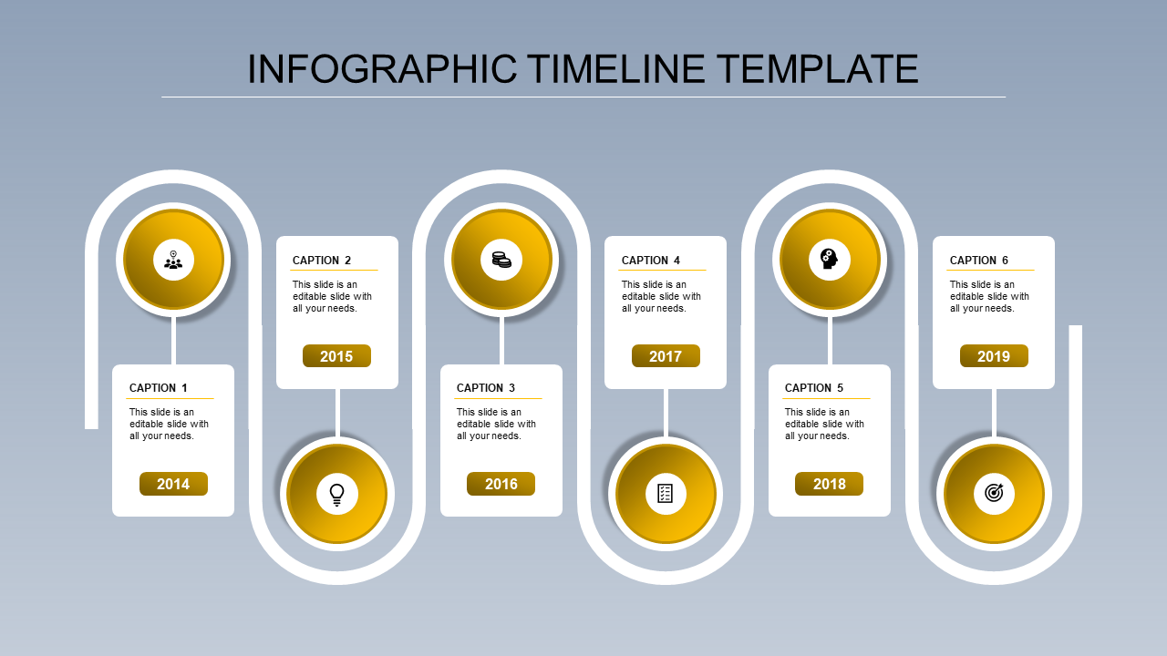 Vertical infographic timeline with red circular icons, caption areas from 2014 to 2019 connected by curved lines.