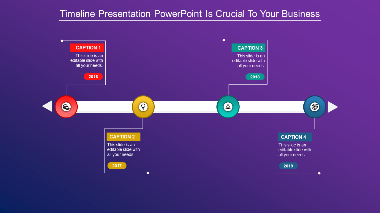 Horizontal timeline template with purple numbered circles and captions areas arranged above and below.