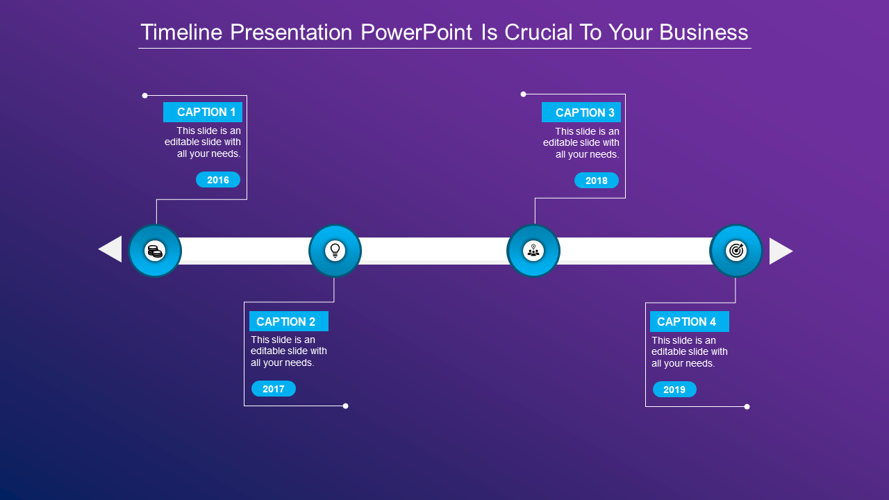 Colorful horizontal timeline with circular icons and caption boxes above and below the central line.