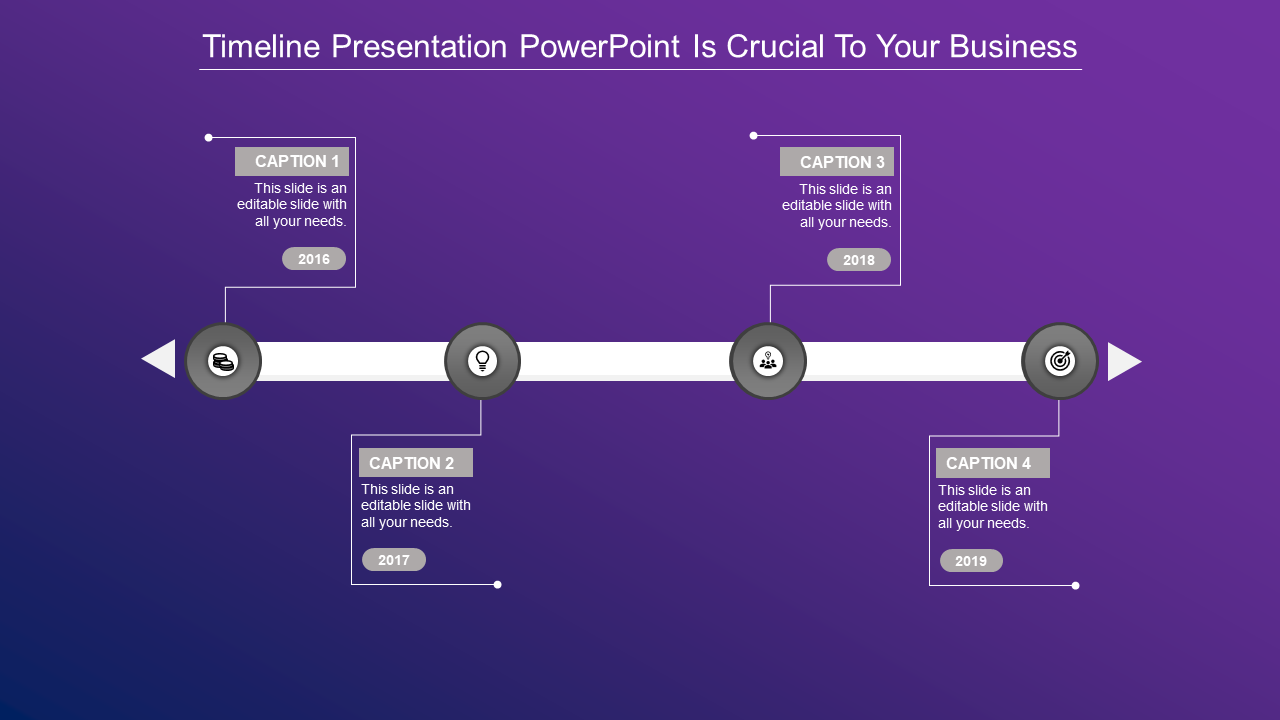 Blue themed horizontal timeline with circular icons and caption boxes above and below the central line.