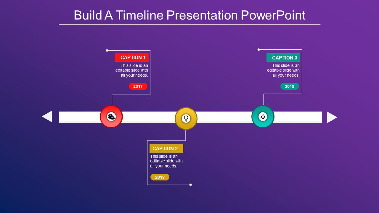 A vibrant timeline slide with colorful icons for each year from 2017 to 2019, featuring text sections on a purple background.