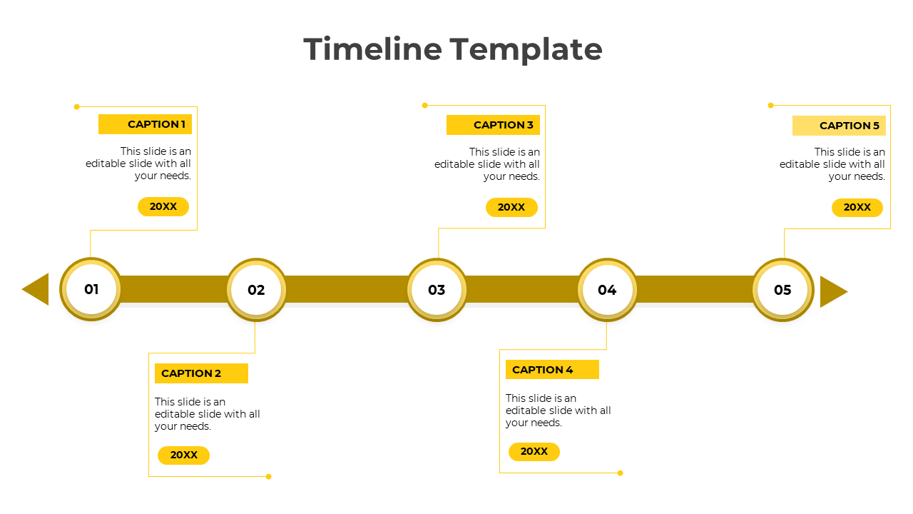 A five stage timeline PowerPoint template with yellow colored circles, each containing a caption on a white backdrop.
