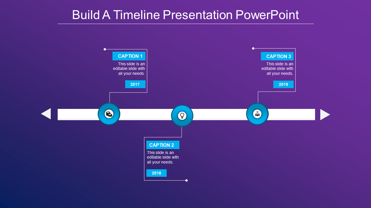 A timeline PPT slide with three key points for 2017, 2018, and 2019, featuring blue icons and captions on a purple backdrop.