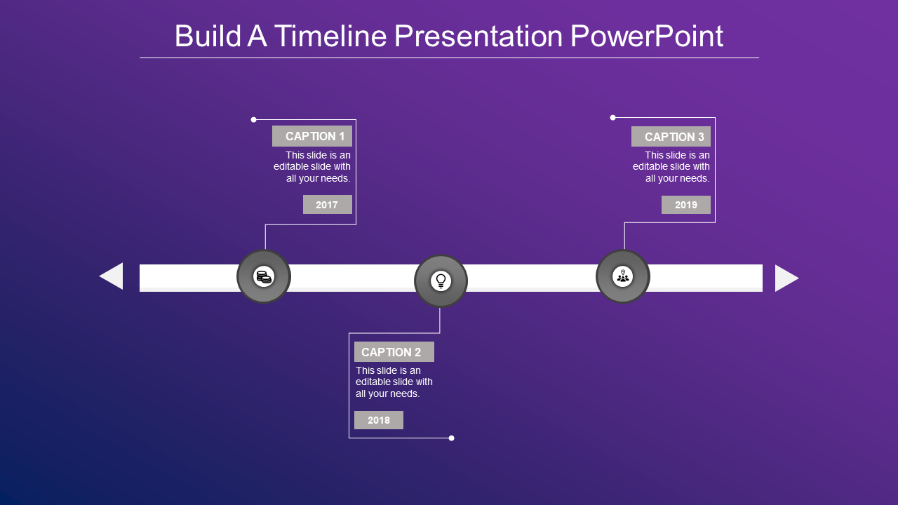 A timeline PPT slide with three key points for 2017, 2018, and 2019, featuring grey icons and captions on a purple backdrop.