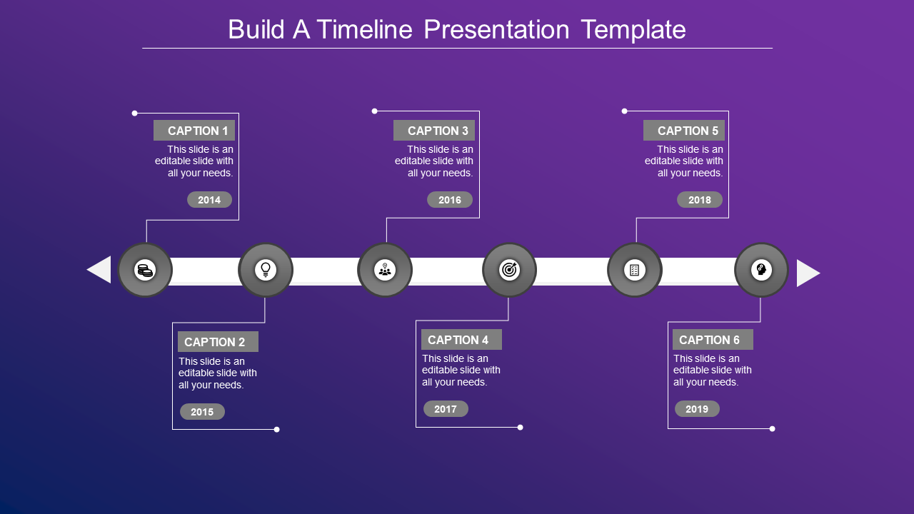 A timeline slide with six stages, ranging from 2014 to 2019, each containing captions and grey icons on a purple backdrop.