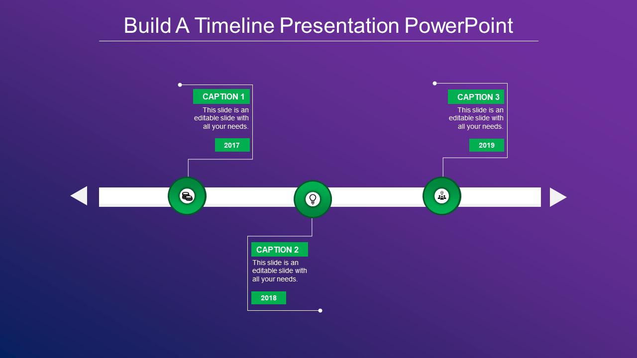Timeline with green circular icons, white arrows, and milestone captions from 2017 to 2019 on a gradient purple backdrop.