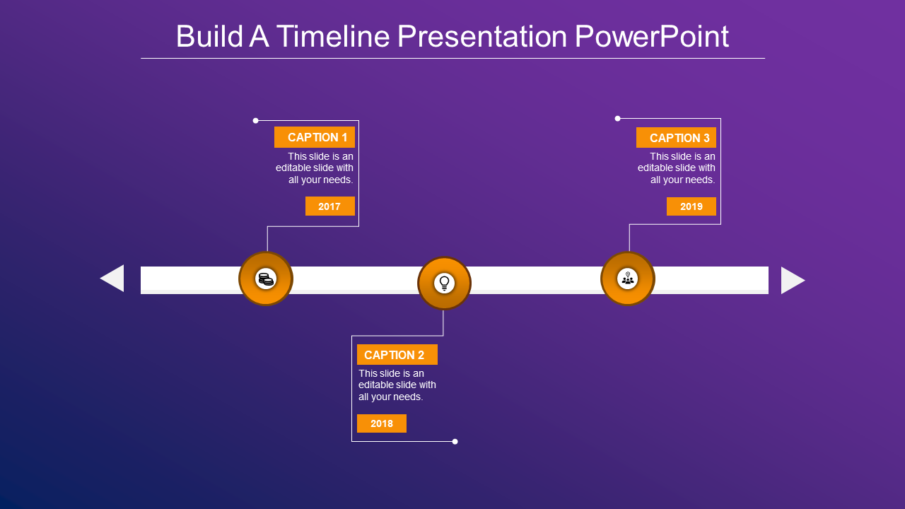 Purple background timeline with yellow nodes for 2017, 2018, and 2019, connected by a white horizontal line.