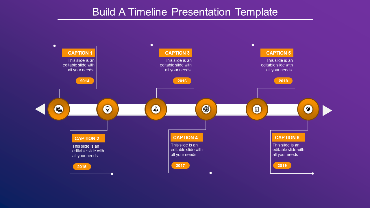 Horizontal timeline featuring blue icons with captions areas above and below on a purple backdrop.