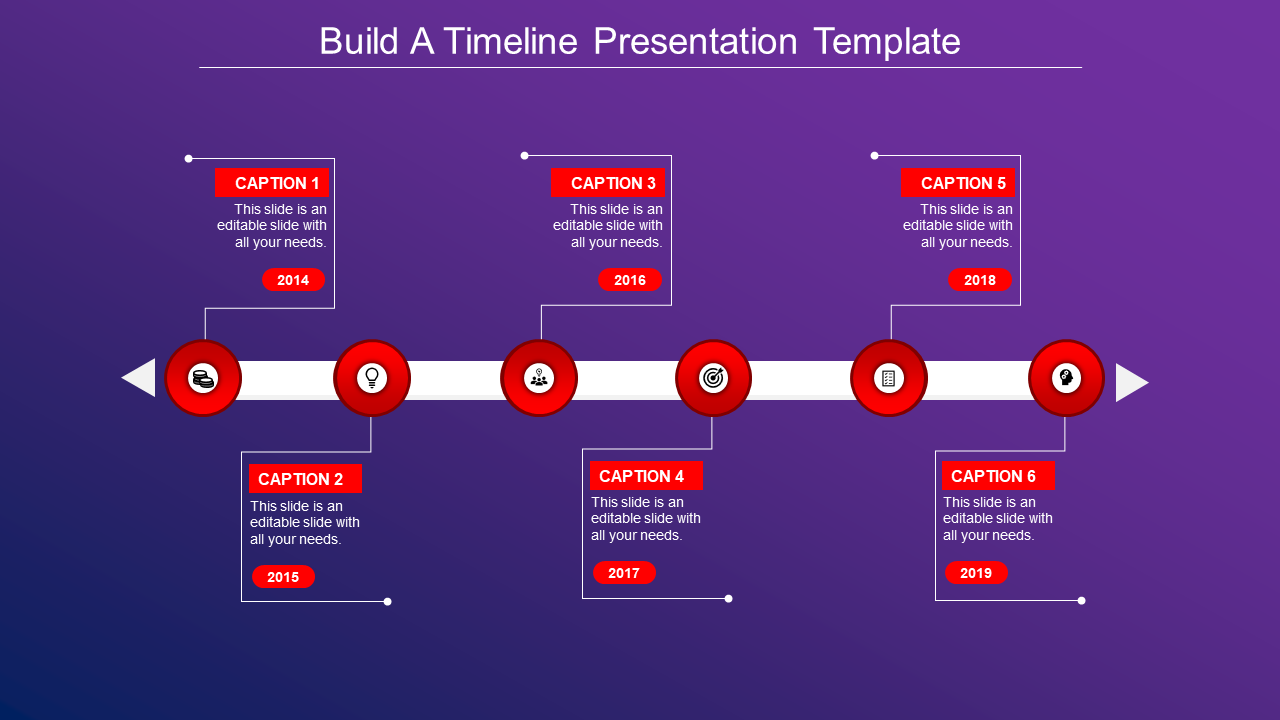 Horizontal timeline infographic with six red and white accents, key milestones, and captions for events from 2014 to 2019.
