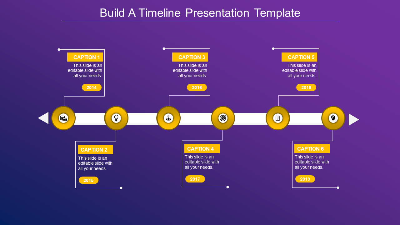 Business timeline with six yellow highlights, milestone icons, and structured captions on a purple background.