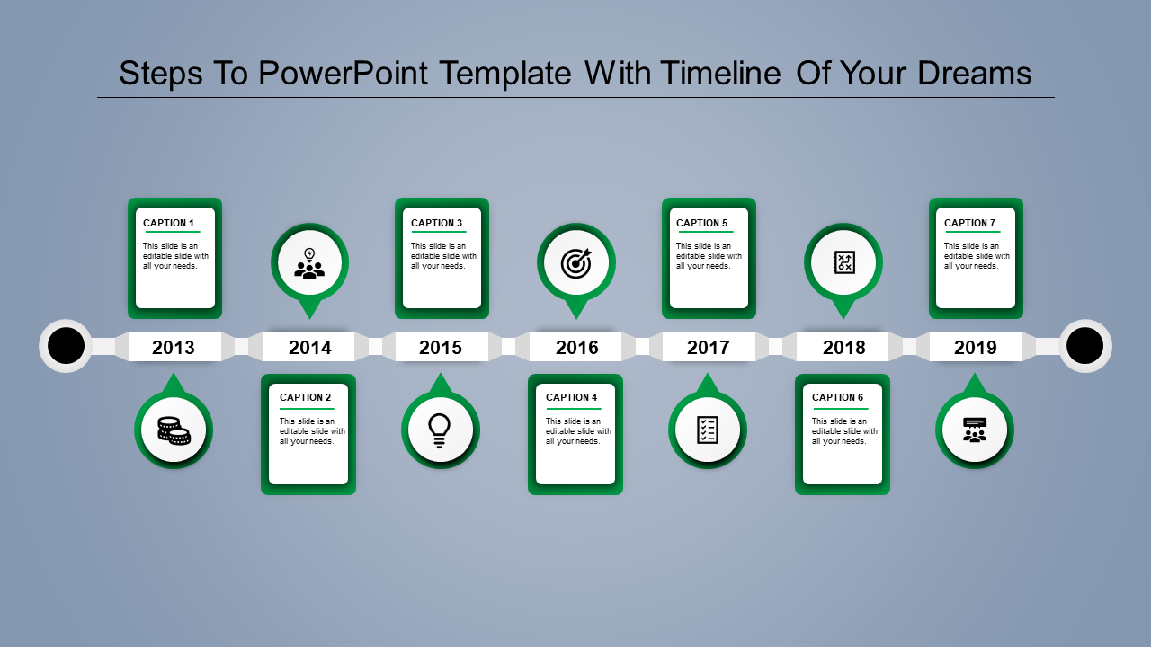 Timeline PPT template showcasing the steps from 2013 to 2019, with green captions boxes for each year.