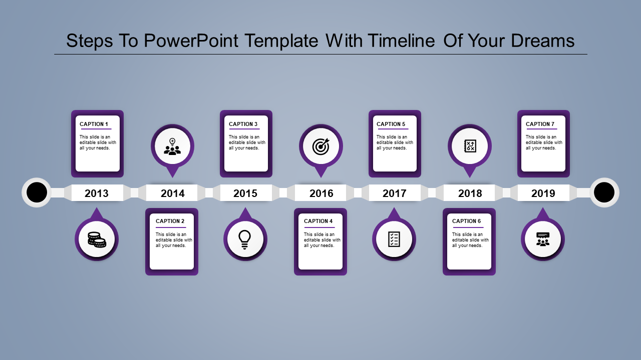 Horizontal timeline with seven purple icons and caption boxes, marking milestones from 2013 to 2019 on a blue background.