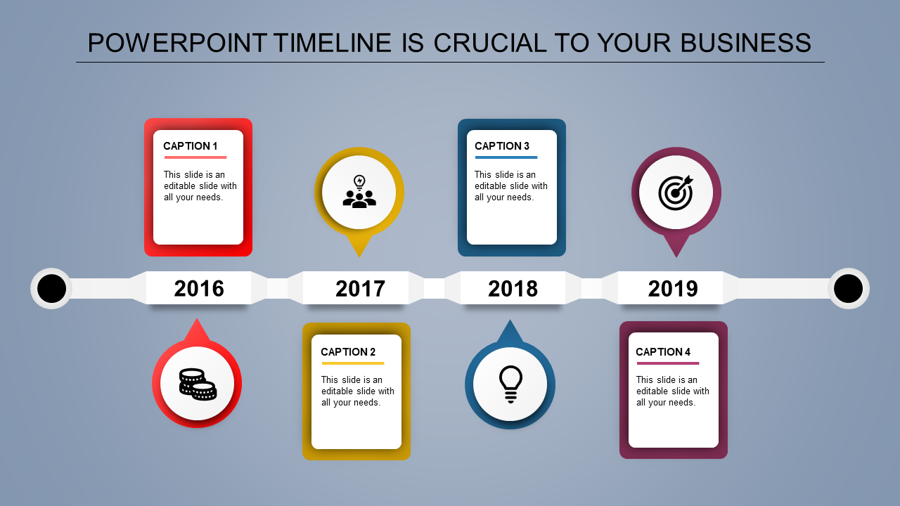 A timeline PPT template representing key milestones from 2016 to 2019 with color coded icons and caption boxes.