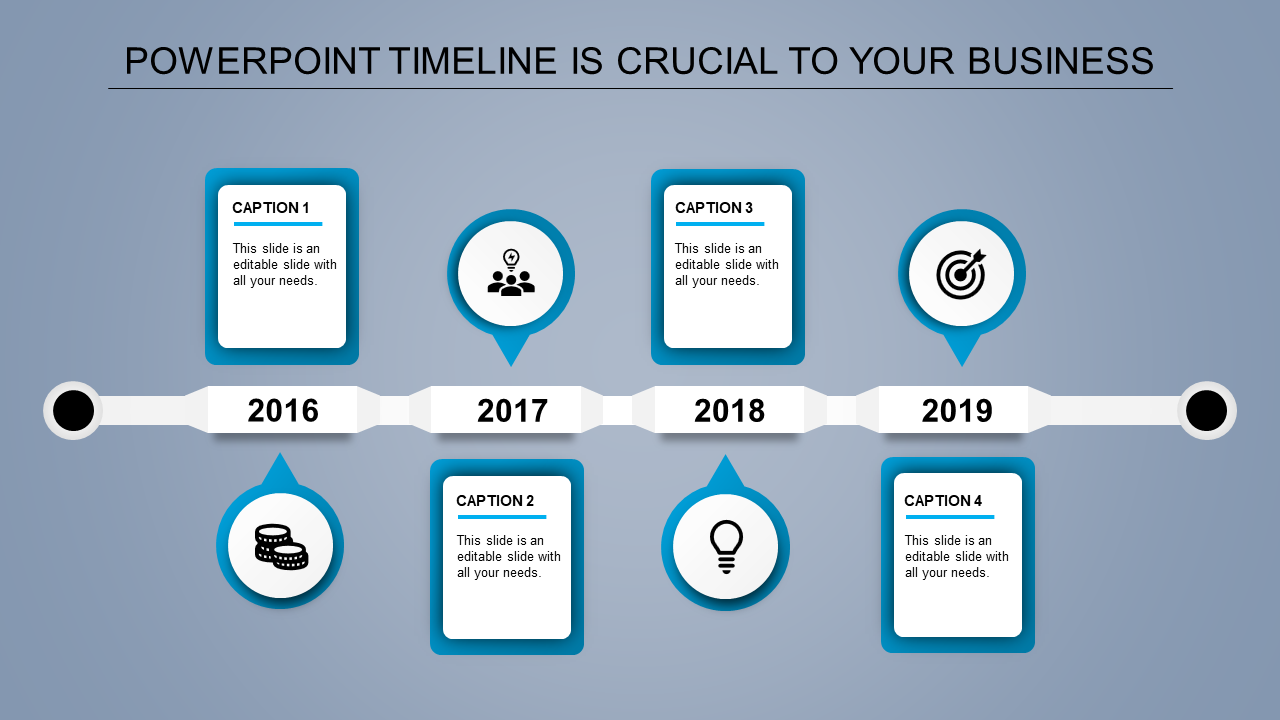 A timeline PPT template representing key milestones from 2016 to 2019 with blue color icons and caption boxes.
