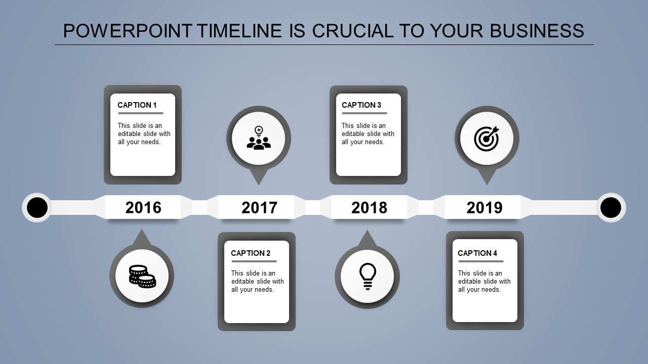 A timeline PPT template representing key milestones from 2016 to 2019 with gray color icons and caption boxes.