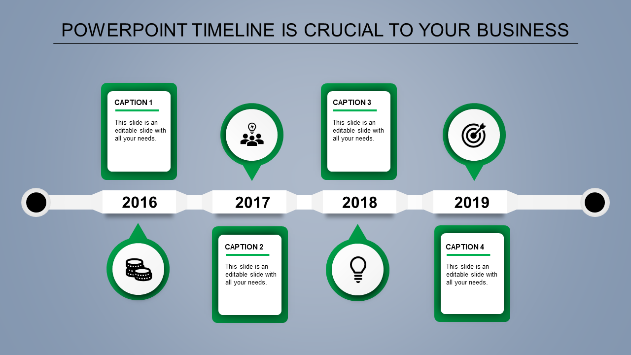 Business strategy timeline with four labeled years, in green circular icons, and floating caption boxes.