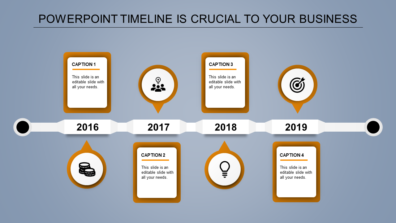 Gold-themed timeline with markers for 2016, 2017, 2018, and 2019, linked to captions areas placed in a grey backdrop.