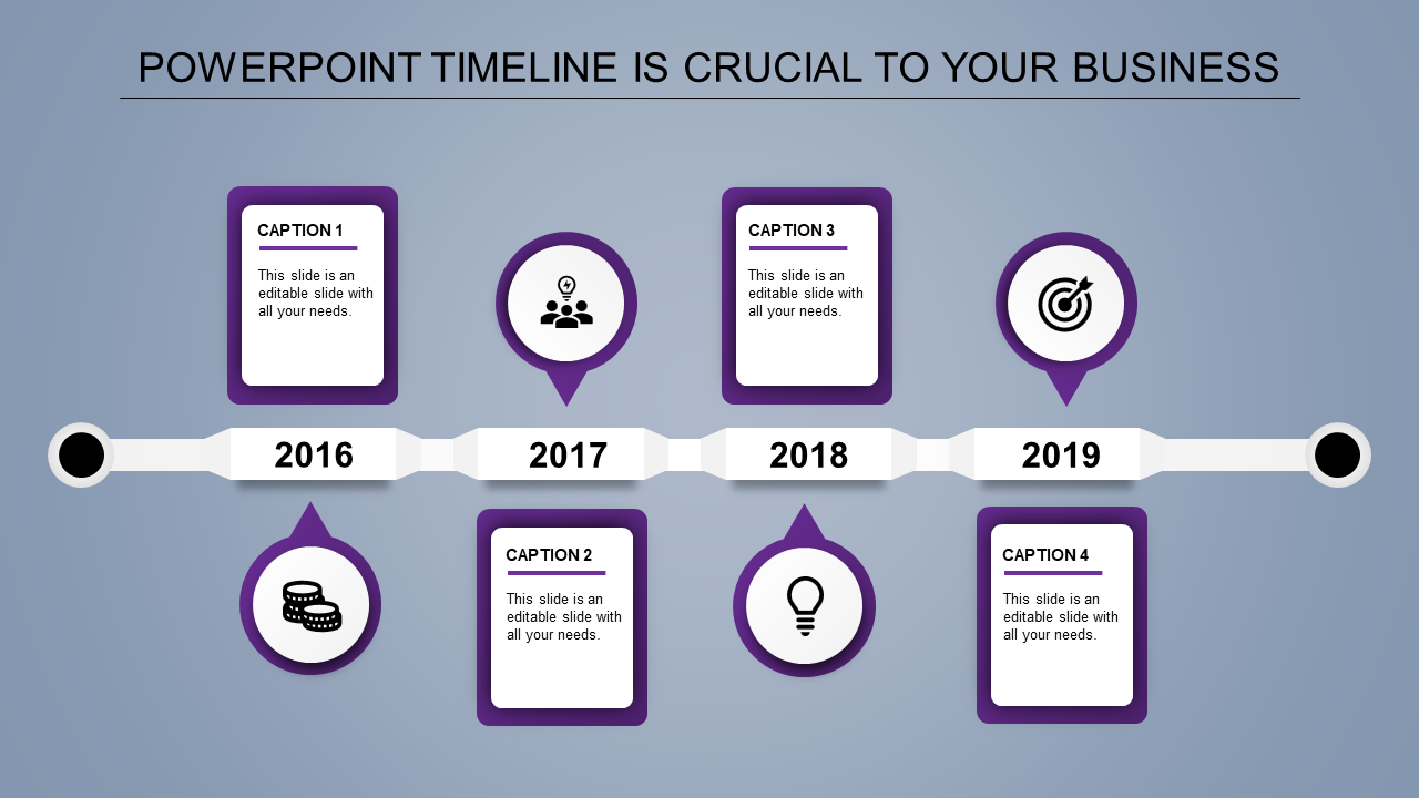 Timeline from 2016 to 2019 with purple segments, featuring icons for milestones, and text boxes, on a blue background.