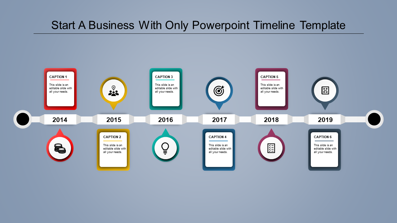 Timeline with icons and caption boxes in red, yellow, green, blue, purple, and gray, with year markers from 2014 to 2019.