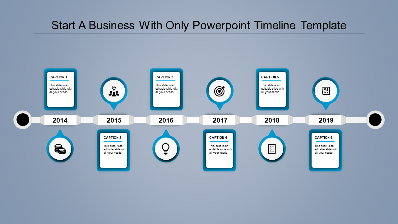 Timeline design with a blue theme, featuring six labeled milestones and caption boxes aligned along a central path.